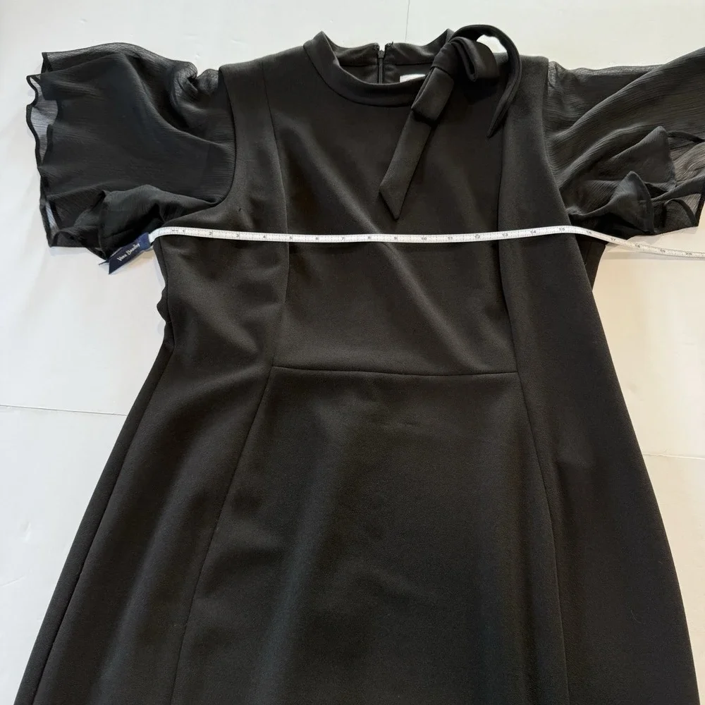 Calvin Klein Black Bow Neck Chiffon Sleeve Stretch Crepe Sheath Dress Size 12 - Picture 8 of 12